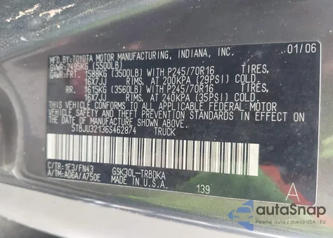 2006 Toyota Tundra z USA, uszkodzony, nr VIN 5TBJU32136S462874